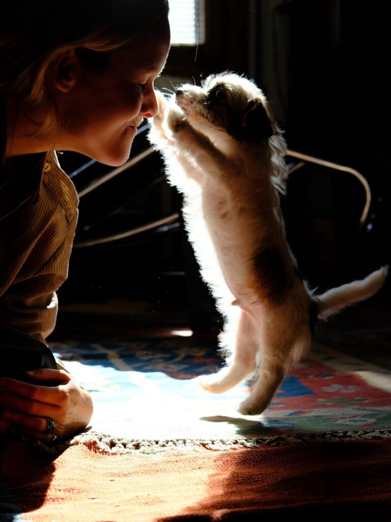 Una mujer jugando con un cachorro